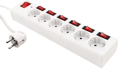 A white power strip with six outlets and individual red switches, along with its white plug, is shown against a white background.