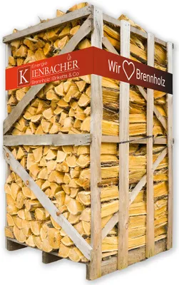 A wooden crate filled with firewood.