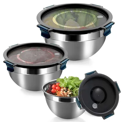 Productafbeelding van Set van 3 roestvrijstalen kommen met deksel, luchtdichte kommen met kliksluiting voor mengen en n, vaatwasmachinebestendig (5 liter, 3 liter, 1,5 liter), geschikt voor de keuken en salades
