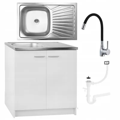 Obrázok produktu pre Stamar | Kuchynská základná skrinka, stojaca, biela kuchynská skrinka, 80 cm, s drezom, odkvapkávačom a flexibilnou čiernou batériou