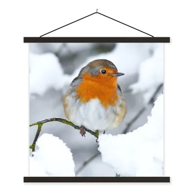 Produktbild von MuchoWow® Textilposter Rotkehlchen - Schnee - Winter 90x90 cm mit schwarzem Rahmen - Magnetisches