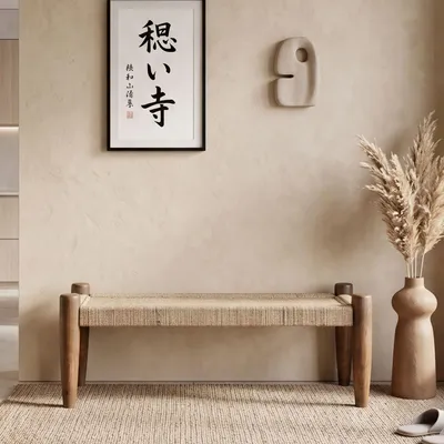 Image de BANCOUE WOHNLING, 120 cm, en jute et bois massif, couleur marron. Banc d'entrée, banc pour couloir, banc pour chambre, banc pour lit, idéal pour l'entrée, le couloir ou la chambre. Capacité de 200 kg. Fabriqué à la main