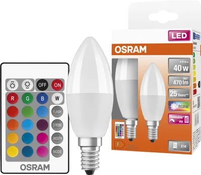 A product shot of OSRAM LED bulbs and a remote control, presented with packaging.