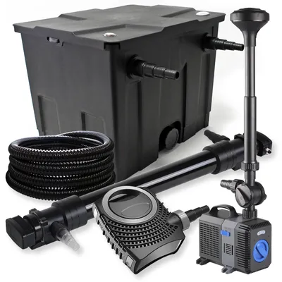 Zdjęcie produktu dla Kompletny zestaw SunSun: filtr do oczka wodnego CBF-350 o pojemności do 12000 l, pompa do oczka wodnego NEO10000 10000 l/h 80 W, odstojnik do oczka wodnego CUV-672 72 W, wąż do oczka wodnego 25 m 25 mm, fontanna CTP-5003 5000 l/h 30 W
