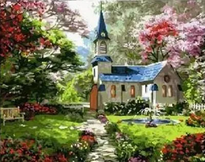 Produktbild von Diamantmosaik, "Kirche im Frühlingsgarten", 30x40 cm, kreative Diamanten
