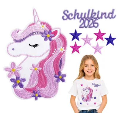 8 Aufbügel-Patches: Einhorn, Sterne, Schulkind 2026