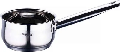 A shiny stainless steel saucepan with a long handle, presented against a white background.
