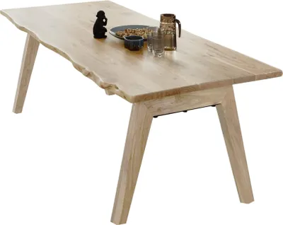 Produktbild von Esstisch 160x85 cm Nelly, Akazienholz massiv & naturfarben, Baumkantentisch mit A-Holzgestell, echte Baumkante, pflegeleichter Holztisch