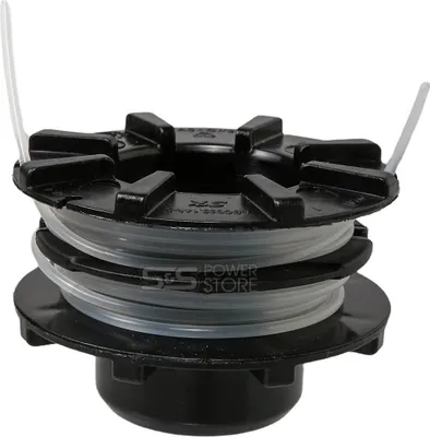 A close-up studio shot of a black string trimmer spool with clear trimmer line wound around it, set against a white background.