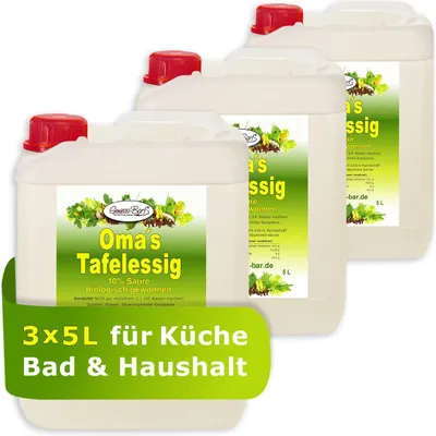 Produktbild von 3x 5L Oma`s Tafelessig 10% Säure / Geschmacks Sieger für die gute Küche / Biologisch gewonnen / Glanz im Bad / Entkalken ohne Chemie / Premium Haushaltsessig