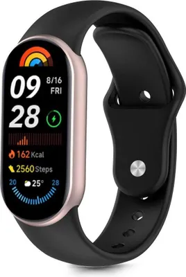 A smartwatch with a black band and a rose gold casing is displayed against a white background.