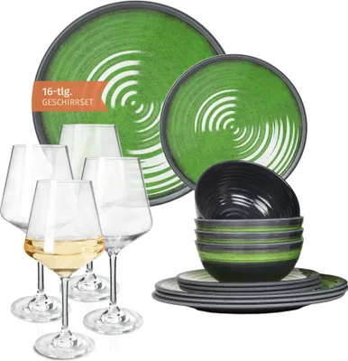 Produktbild von Melamin Camping Geschirr Set 4 Personen Stone Green + 4 Milano Weiß Weingläser Tafelgeschirr Picknick BBQ Kochgeschirr