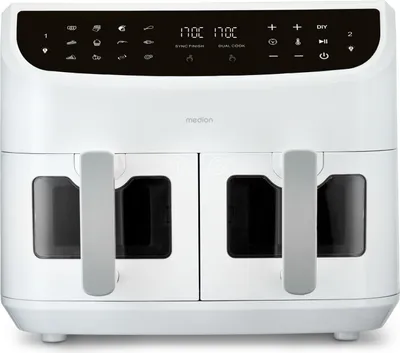 Produktbild von MEDION P20 XXL Heißluftfritteuse mit 2 Kammern (8,7 Liter, Airfryer, 2.600 Watt, Doppelkammer, 9 Automatikprogramme, 2 Schubladen, Sichtfenster, Dualer Airfryer, Dual Cook & Sync-Finish Funktion) weiß