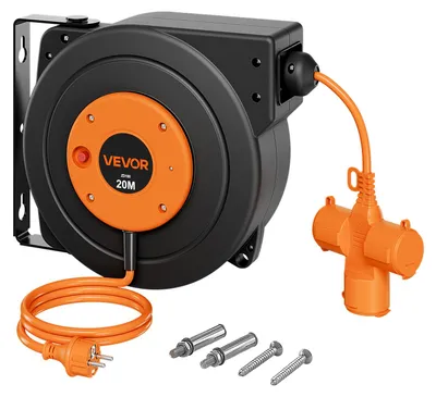 Obrázek produktu pro VEVOR Kabelový buben, 20 metrů, 3000 W, automatický navíječ kabelu, 16 AWG/3-žilový, pro montáž na strop/stěnu, 3 zásuvky, ochrana proti přehřátí do 56 °C, osvětlená trojzásuvka, s otočným držákem o 180°