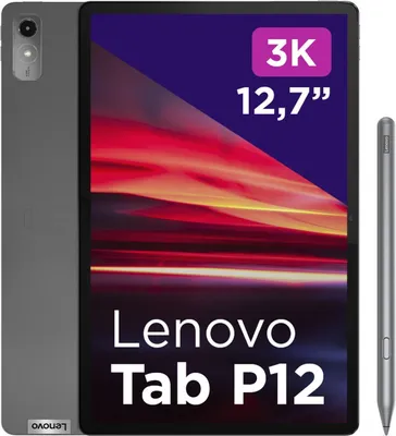 A marketing image of a Lenovo Tab P12 tablet and stylus, with promotional text and graphics.