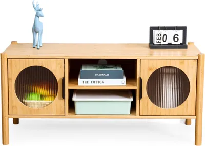 Immagine prodotto di Mobile TV basso Relaxdays, con 2 ante, mobile TV per televisori fino a 43 pollici, effetto legno, L x P x A: 48 x 103 x 40 cm, mobile TV, colore naturale