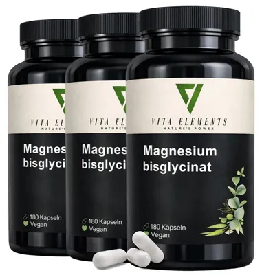 Produktbild von Vita Elements Magnesiumbisglycinat 3er Set 180 Kapseln Chelat Nervensystem Nahrungsergänzungsmittel