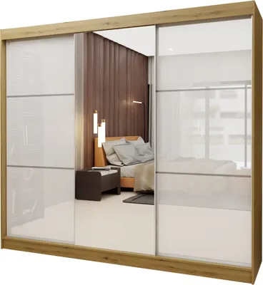 Produktbild von Masseno Schiebetürenschrank VITALE 240 cm Kleiderschrank mit 4 Schubladen Schlafzimmer Schrank 3-türig mit Spiegel und Lacobel Eiche Artisan
