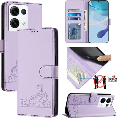 Produktbild von Leder Hülle für Oppo Reno8 Pro Süße Katze Flip Case Brieftasche Schutzhülle mit Standfunktion Lila