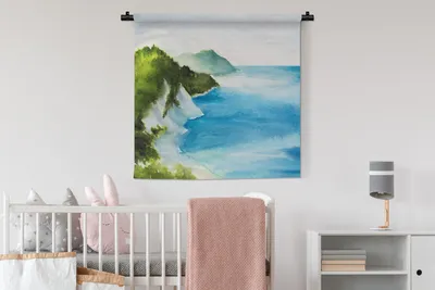 Produktbild von MuchoWow® Wandteppich Wandbehang Meer - Berg - Aquarell 90x90 cm Tapisserie Dekoration Wandtuch - Wandaufhänger