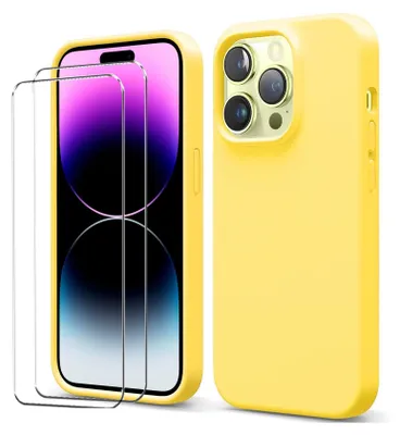 A yellow iPhone case and screen protectors are displayed against a white background.