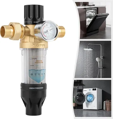 Obrázok produktu pre Vodný filter - Inline predfilter na sedimenty - Opakovane použiteľný - Manometer 1,27 cm - Na vodu zo studne a vodovodu - Biely