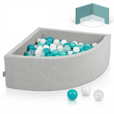 Image de KiddyMoon 90x30cm/300 balles ∅ 7cm Triangle Balles en mousse pour enfants  fabriqué en UE, Gris clair : Turquoise clair/Blanc/Transparent/Turquoise