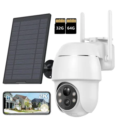 Image de 2K Solar caméra de surveillance extérieure 355 °/90 ° pivotant caméra extérieure batterie vision nocturne couleur détection de personne / mouvement caméra sans fil WLAN avec 32G&64G