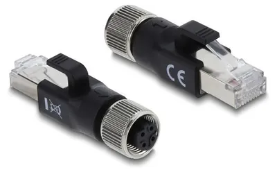 Produktbild von Delock M12 Adapter D-kodiert 4 Pin Buchse zu RJ45 Stecker schwarz