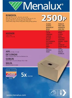 Obrázek produktu pro Menalux 2500P, 5 sáčků do vysavače DeLonghi Maximum, Vetrella, Hoover Gemini