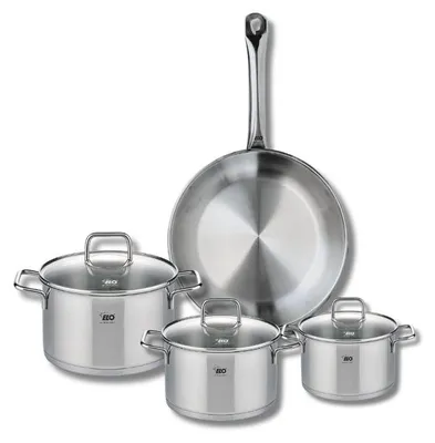 4-teiliges Edelstahl-Kochset: 1 Pfanne 24 cm + 3 Töpfe 12/14/16 cm