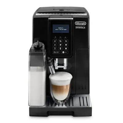 A black automatic coffee machine is shown from the front.