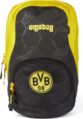 A yellow and black backpack with a soccer ball pattern and the Borussia Dortmund logo.