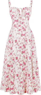Produktbild von ASKSA Damen Sommer y aermellos Spaghettitraeger Boho Blumen Lang Kleid mit Schlitz (Tiefrosa,XL)