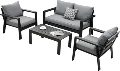 A patio furniture set including a loveseat, two chairs, and a coffee table, all with gray cushions and black frames, displayed on a white background.