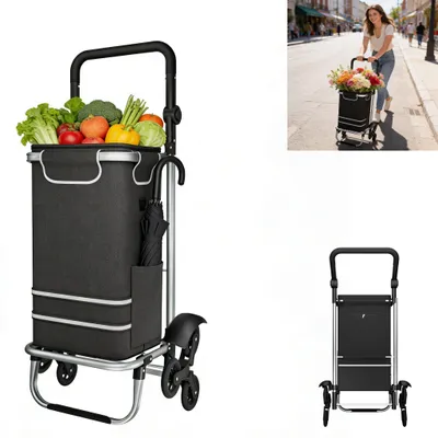 Image de Chariot de courses pliable CEEDIR 56 L, chariot de transport 3 en 1 (diable et sac à bandoulière), chariot de courses robuste avec système de montée d'escaliers, noir