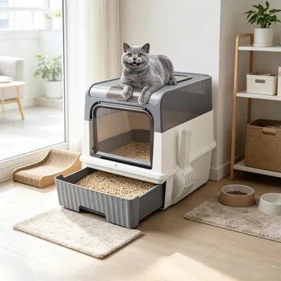 Produktbild von Katzentoilette mit Deckel, Katzenklo Groß,Geruchlose Katzentoilette mit Kapuze, mit Streuschaufel 49x37x35cm Grau+Weiß
