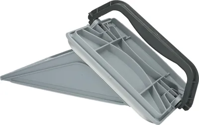 A gray plastic laundry filter with a black handle, shown from a diagonal angle against a white background.