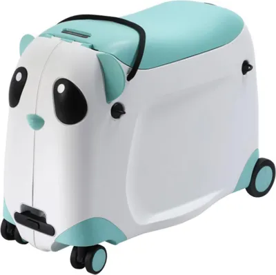 A product shot of a child's rolling suitcase designed to look like a panda.