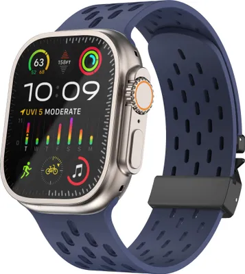 Produktbild von Strap-it Atmungsaktives Silikon-Sportband mit Fallschirmschließe - passend für die Apple Watch / iWatch Serie 1/2/3/4/5/6/7/8/9/10/Ultra(2) - große Größen 44mm - 45mm - 46mm - 49mm (dunkelblau))