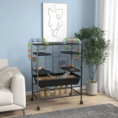 Produktbild von Hamsterkäfig mit Röhren-System & Laufrad, Nagerkäfig, Mäusekäfig mit 4 Ebenen & Häuschen, Schwarz | 82 x 46 x 109 cm | auf Rollen | Stahl & Kunststoff