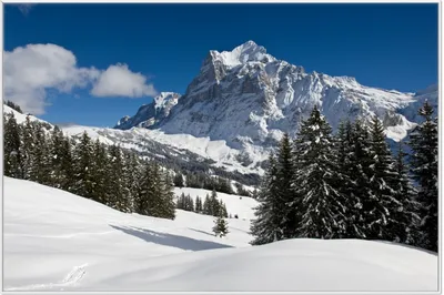 Produktbild von Wallario Wandbild Verschneiter Berghang unter blauem Himmel, Größe: 61 x 91,50 cm, Poster mit weißem Aluminiumrahmen
