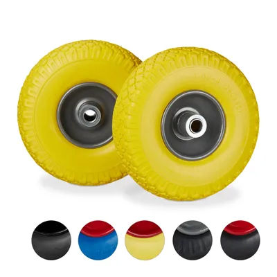 Image de 8 roues pour diable, pneus en caoutchouc plein anti-crevaison, jante en acier 3.00-4", axe de 20 mm, charge maximale 100 kg, roue de secours 260 x 85 mm, jaune-gris