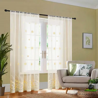 Immagine prodotto di INF Tenda Voile Ricamata Gialla con Fiori per Soggiorno e Camera da Letto, Set da 2 M