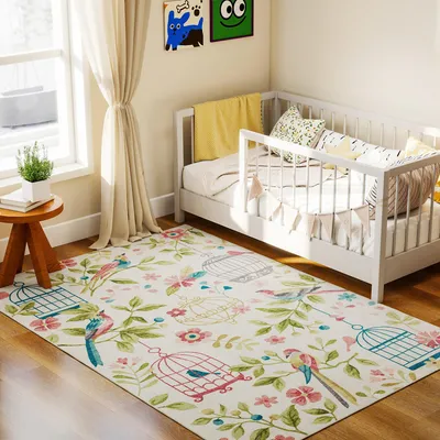 Produktbild von Teppich Landhaus Cremeweiß, Polyester waschbar rutschfest, Wohnzimmerteppich Vögel Blumen, Rosa | 200 x 140 cm | TPR-Unterlage | Fußbodenheizung