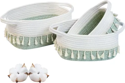 Productafbeelding van Opbergmanden set 3 stuks, katoen, groen en wit, voor kinderkamer