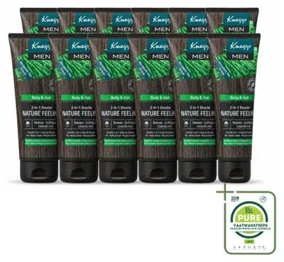 Immagine prodotto di 12 flaconi di gel doccia 2-in-1 Kneipp Men, linea Nature Feeling, da 200 ml ciascuno. Confezione grande, contenente 12 pezzi