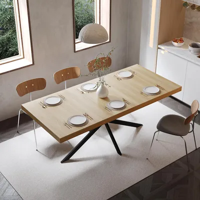 Image de Table à manger rectangulaire extensible 140-180 x 80 cm pour 4 à 6 personnes, table de cuisine avec rangement et piètement métallique en X, design industriel moderne, aspect chêne