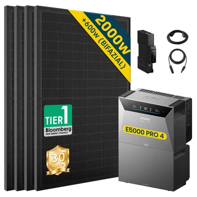 Produktbild von ALLDREI Balkonkraftwerke mit Speicher Anker Solix Solarbank 4 E5000 Pro & BP5000x1,Komplettset mit 4x500W Bifazialer Solarpanel & Smart Meter Gen 2