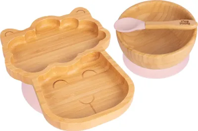 Produktbild von 3pc Pastellrosa Kinder Bambus Lama Teller, Schüssel & Löffel-Set mit Silikon-Saugnapf - Segmentiertes Design Baby & Kleinkind Entwöhnung Geschirr - Umweltfreundlich & Biologisch Abbaubar - Von Tiny Dining
